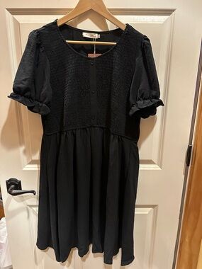 Black Smocked Bodice Puff Sleeve Dress